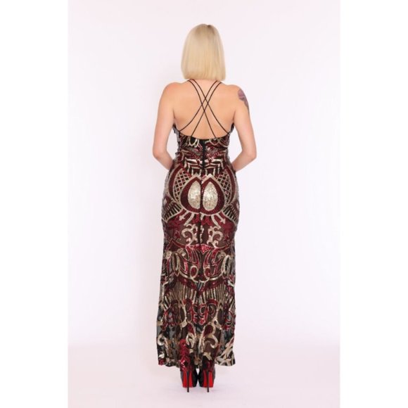 Banjul Bodycon Maxi Dress Womens Red and Gold Sequin Round Neck Naked Lace - Picture 3 of 3